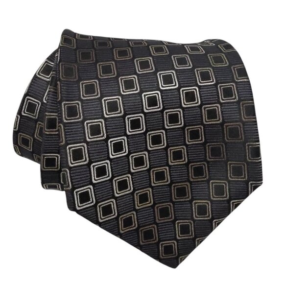 Pronto Uomo Silk Tie Checkered Geometric Pattern Black/Charcoal - Picture 1 of 6